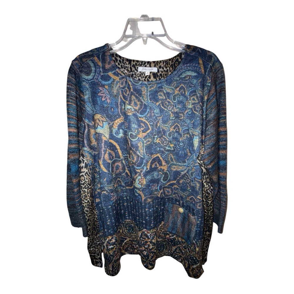 John Mark Womens 1X‎ Sedona Patchwork Mixed Media Bohemian Pullover Sweater